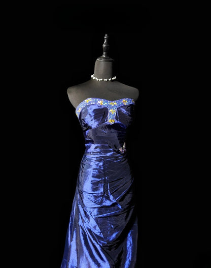Vintage Mermaid Sweetheart Royal Blue Taffeta Long Prom Dress With Ruffled Formal Dress Long Party Dresses RB6938