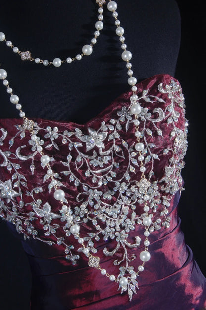 Vintage-Abendkleider im 90er-Jahre-Stil, formell, Meerjungfrauen-Schnitt, Herzausschnitt, Traubentaft mit Perlenstickerei, lange Partykleider, Ballkleider AS046