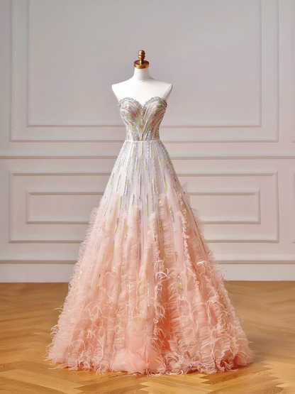 Robe de bal scintillante, robe de soirée esthétique bustier rose ombré ornée de perles et de plumes, inspiration pour impressionner, longue robe de cérémonie pour adolescentes et lycéennes AQ046