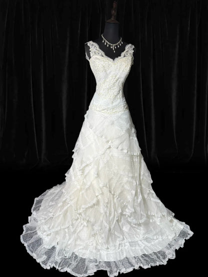 Rustikales langes Brautkleid im 70er-Jahre-Stil mit einzigartigem Ballkleid, V-Ausschnitt und Bohème-Charme, mit Spitze, figurbetont, auch in kleinen und großen Größen erhältlich (AS046).