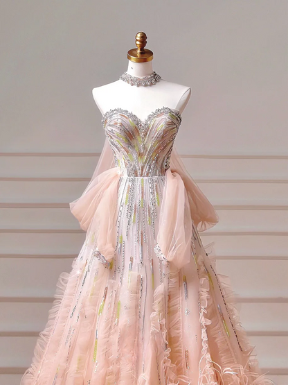 Robe de bal scintillante, robe de soirée esthétique bustier rose ombré ornée de perles et de plumes, inspiration pour impressionner, longue robe de cérémonie pour adolescentes et lycéennes AQ046