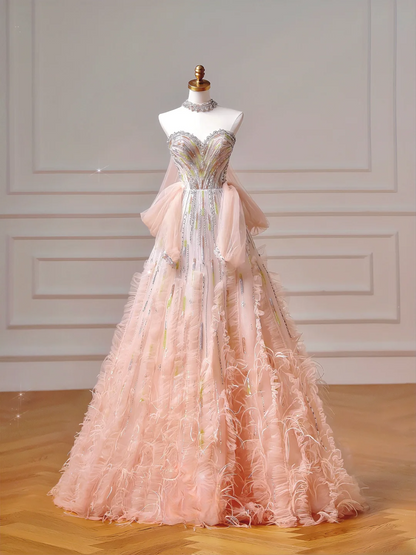 Robe de bal scintillante, robe de soirée esthétique bustier rose ombré ornée de perles et de plumes, inspiration pour impressionner, longue robe de cérémonie pour adolescentes et lycéennes AQ046