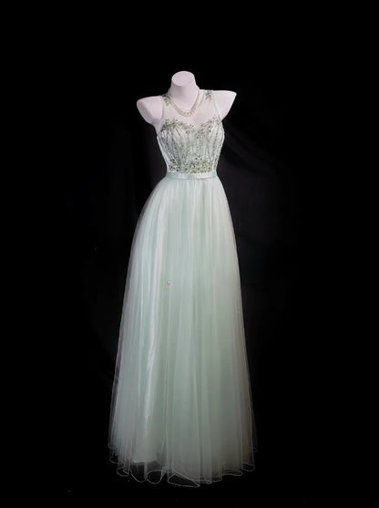 Elegant Prom Dresses A Line Scoop Neck Mint Green Tulle With Beading Evening Dress Formal Outfits RB5853