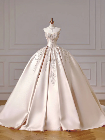 Prinzessinnen-Brautkleid, langes Ballkleid, ärmellos, hellrosa Satin, mit Perlen und Schleppe, AQ047