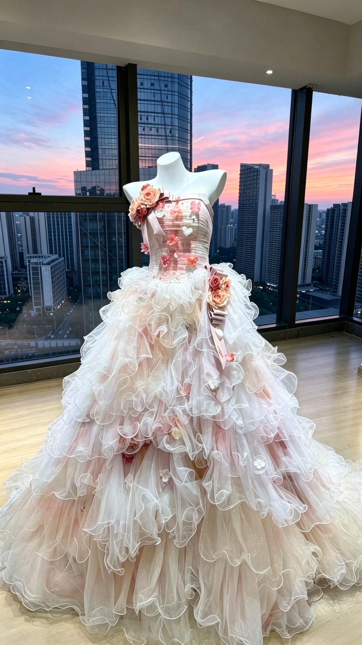 Fairy Quinceanera Dress Ball Gown Strapless Pink Tulle With Tiered Layers Flowers Quince Dresses RC1077