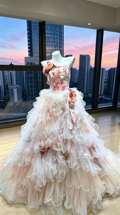 Fairy Quinceanera Dress Ball Gown Strapless Pink Tulle With Tiered Layers Flowers Quince Dresses RC1077