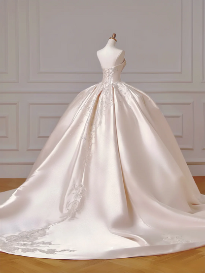 Prinzessinnen-Brautkleid, langes Ballkleid, ärmellos, hellrosa Satin, mit Perlen und Schleppe, AQ047