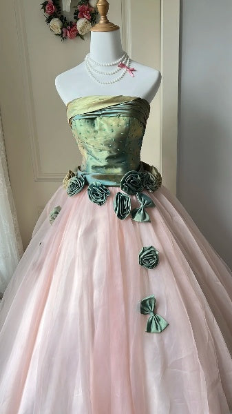Princess Sweet 16 Dresses Long Strapless Pink With Flowers Ball Gown Sweet Sixteen Birthday Gown RC0416