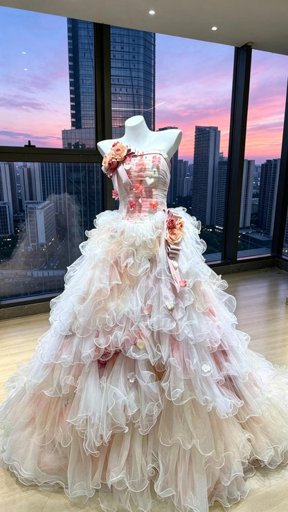 Fairy Quinceanera Dress Ball Gown Strapless Pink Tulle With Tiered Layers Flowers Quince Dresses RC1077