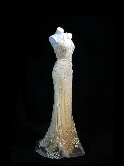 Elegant Prom Dresses Mermaid V  Neck Yellow Tulle With Beading Lace Evening Dress Formal Outfits RB5854