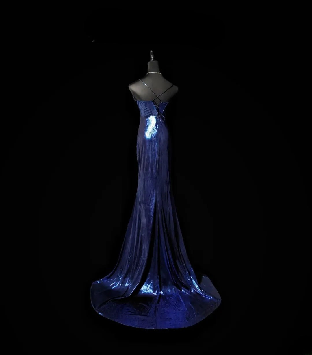 Vintage Mermaid Spaghetti Strap Royal Blue Long Prom Dress With Ruffled Formal Dress Party Dresses RB6939