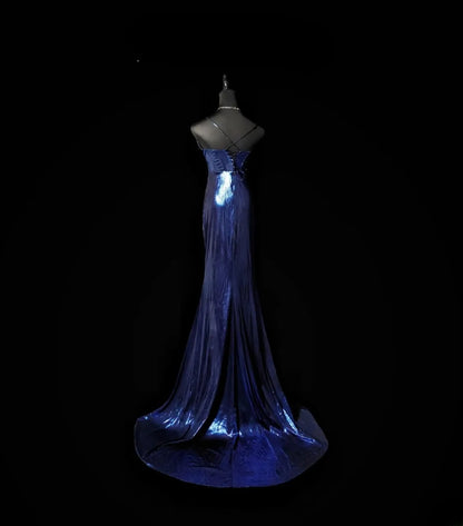 Vintage Mermaid Spaghetti Strap Royal Blue Long Prom Dress With Ruffled Formal Dress Party Dresses RB6939