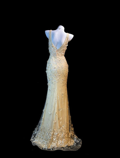 Elegant Prom Dresses Mermaid V  Neck Yellow Tulle With Beading Lace Evening Dress Formal Outfits RB5854