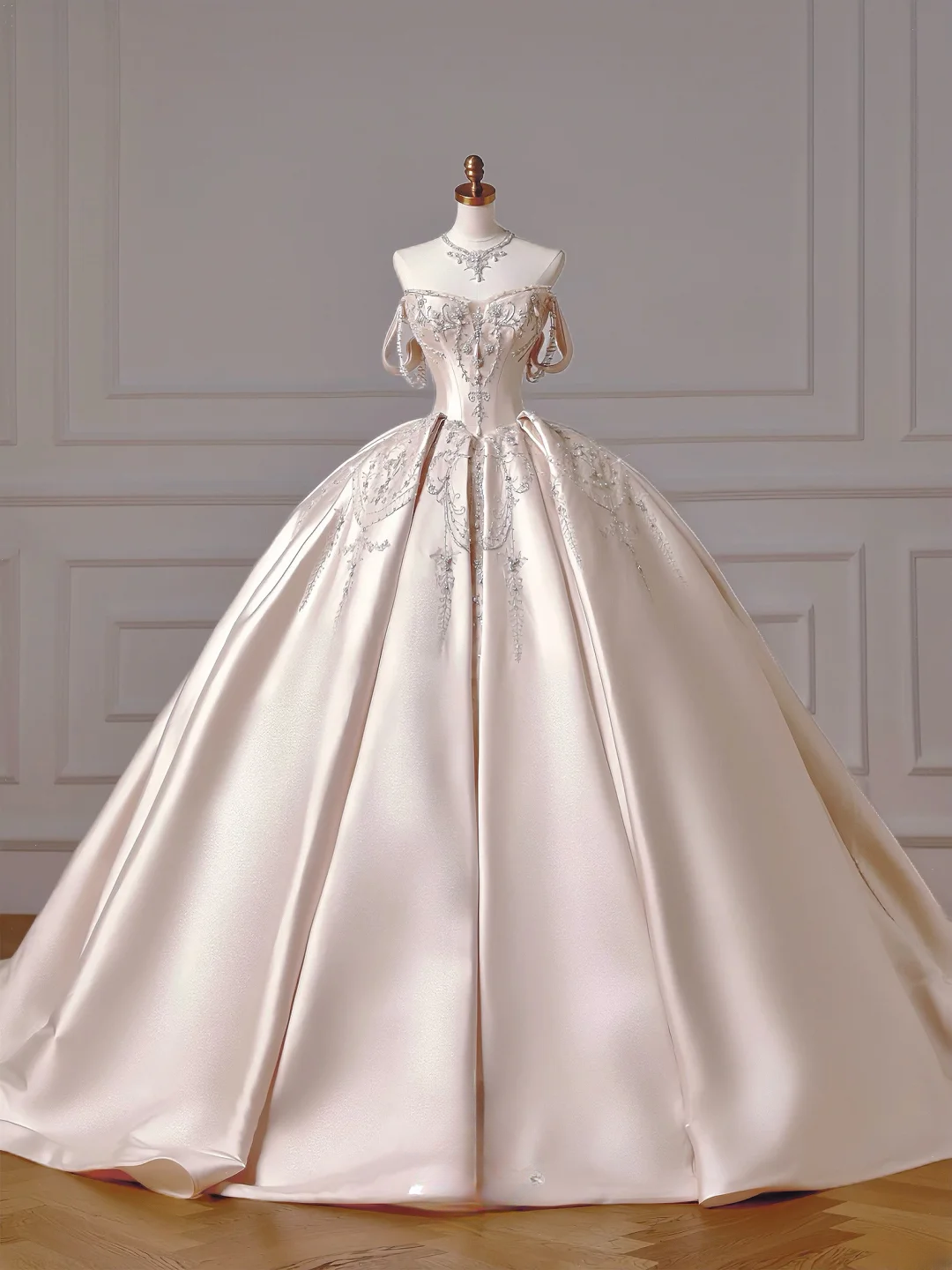 Prinzessinnen-Brautkleid, langes Ballkleid, ärmellos, hellrosa Satin, mit Perlen und Schleppe, AQ047