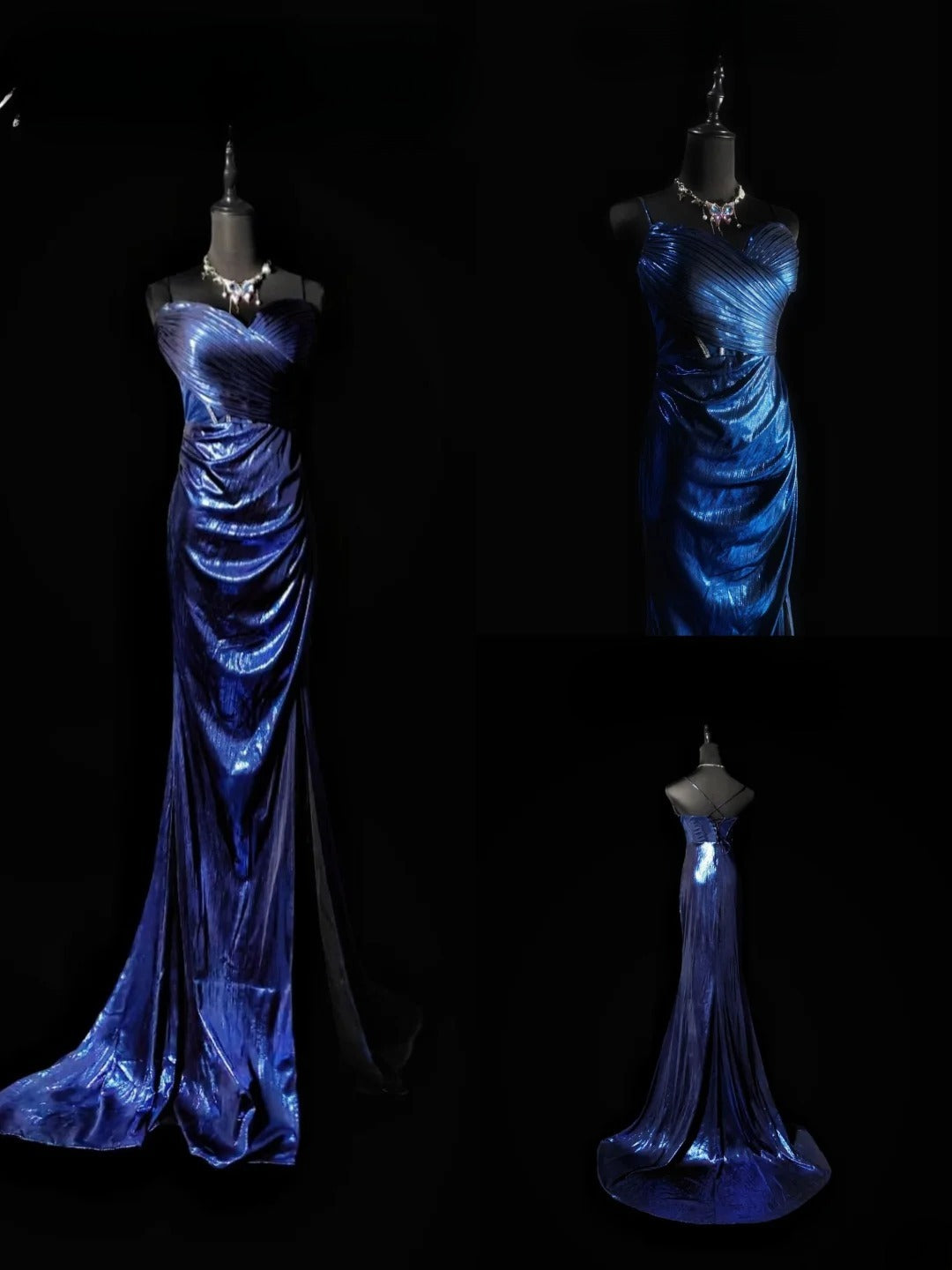 Vintage Mermaid Spaghetti Strap Royal Blue Long Prom Dress With Ruffled Formal Dress Party Dresses RB6939