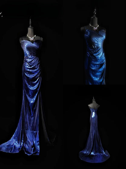 Vintage Mermaid Spaghetti Strap Royal Blue Long Prom Dress With Ruffled Formal Dress Party Dresses RB6939