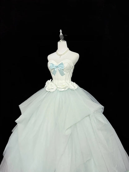 Sweet Ball Gown Sweetheart Mint Green With Bow Flowers Tulle Quince Dress Voluminous Sweet 16 Sweet Sixteen Outfits Vestido de RB7418