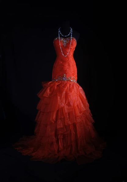 Vintage Meerjungfrauen-Kleid, langes rotes Partykleid mit Tüllperlen, 50er Jahre Retro-Chic, Geburtstags-, Dinner- und Ballkleid AS047
