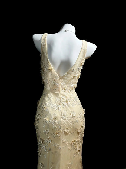 Elegant Prom Dresses Mermaid V  Neck Yellow Tulle With Beading Lace Evening Dress Formal Outfits RB5854