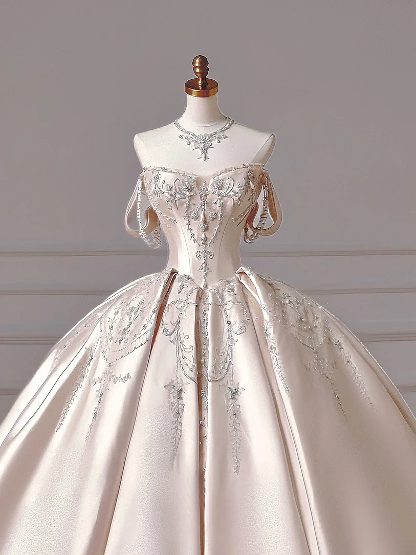 Prinzessinnen-Brautkleid, langes Ballkleid, ärmellos, hellrosa Satin, mit Perlen und Schleppe, AQ047