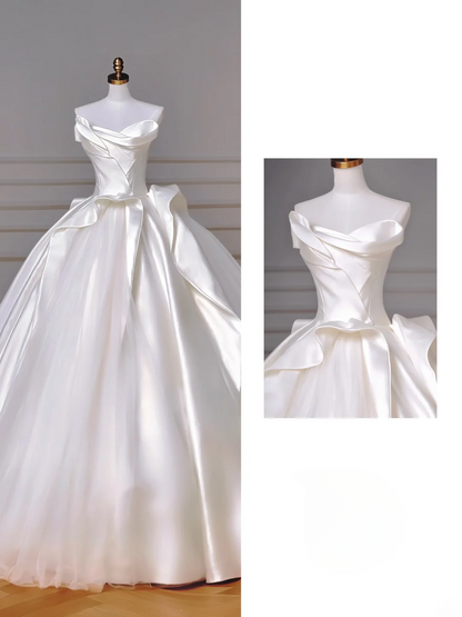 Robe de mariée intemporelle, robe de bal bustier en satin et tulle plissé, style robe de mariée longue cintrée avec corset plissé AQ048