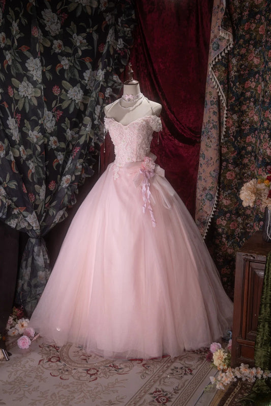 Charming Ball Gown Off The Shoulder Pink With Lace Tulle Long Quince Dress Quinceanera Dresses Formal Birthday Outfits RB8071