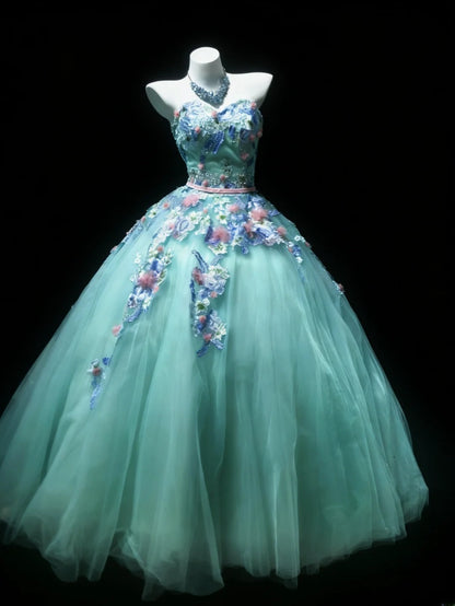 Robe de bal bleue sans manches à décolleté cœur et tulle appliqué, longue, idéale pour une quinceañera ou un anniversaire de 15 ou 16 ans (AS048).