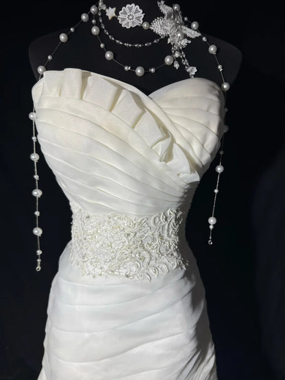 Prinzessinnen-Brautkleider, lange Kleider im 70er-Jahre-Stil, Meerjungfrauen-Ausschnitt, Boho-Stil, mit Spitze, figurbetont, auch in kleinen/großen Größen erhältlich, AS048