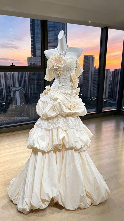 Prom Dress Mermaid Off The Shoulder Taffeta Ruffled Flowers Floor Length High School Graduation Party Dresses RC1078
