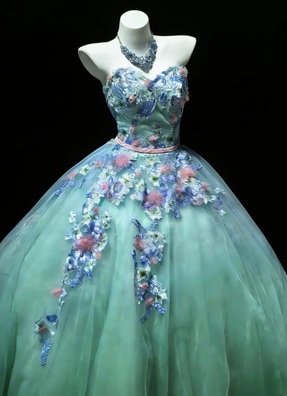 Robe de bal bleue sans manches à décolleté cœur et tulle appliqué, longue, idéale pour une quinceañera ou un anniversaire de 15 ou 16 ans (AS048).