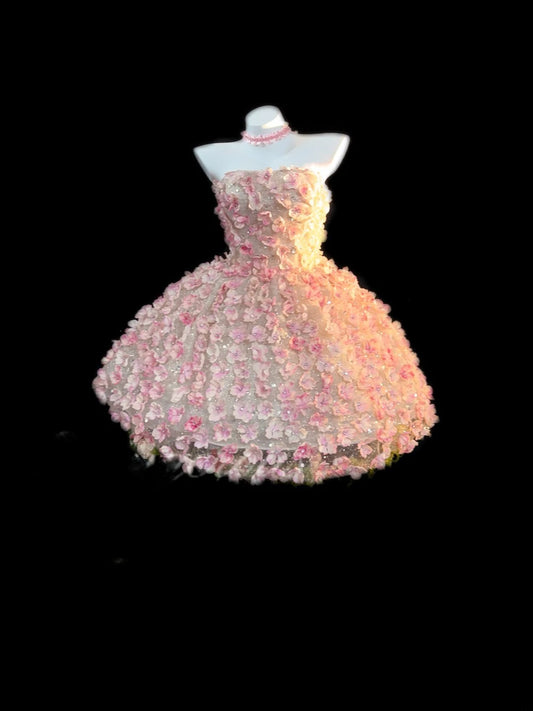Pretty Ball Gown Strapless Pink Tulle Mini Graduation Dresses Short With Flowers Inspo Senior Homecoming Outfits RB3448