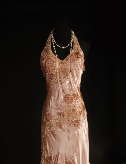 Cocktailkleid für Damen, Meerjungfrauen-Stil, Neckholder, rosafarbener Satin, lang, für Abschlussfeier, Ballkleid AS048