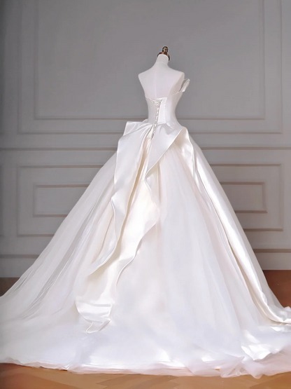 Robe de mariée intemporelle, robe de bal bustier en satin et tulle plissé, style robe de mariée longue cintrée avec corset plissé AQ048