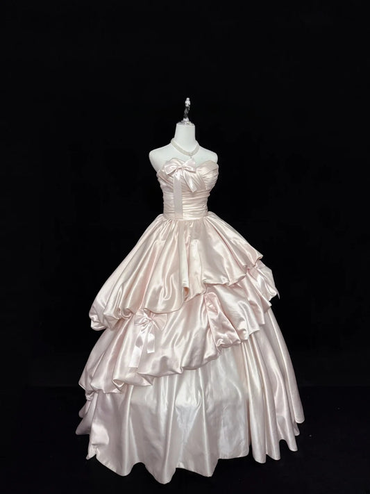 Sweet Ball Gown Sweetheart Pearl Pink Satin With Bow Quince Dress Voluminous Sweet 16 Sweet Sixteen Outfits Vestido de RB7419