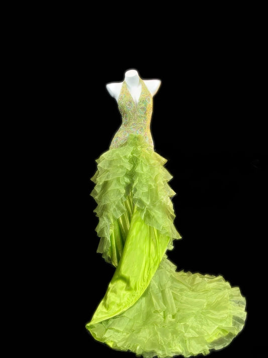 Vintage Prom Dresses High Low Green Halter With Beading Ruffles Long Evening Formal Outfits RB3451