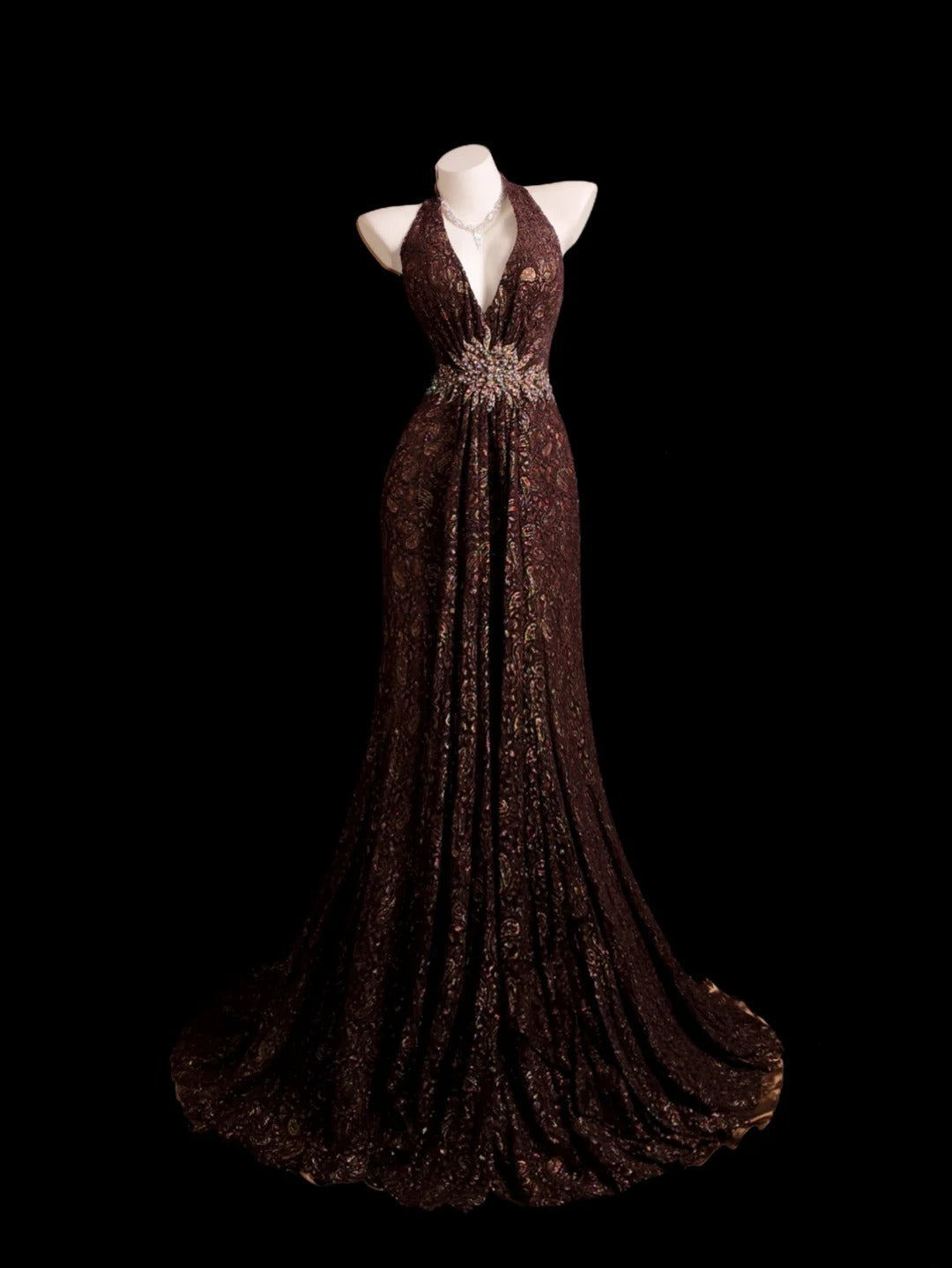 Brown Prom Dress Inspo Mermaid Halter Backless Lace Modest Long Formal Party Gown RB9851