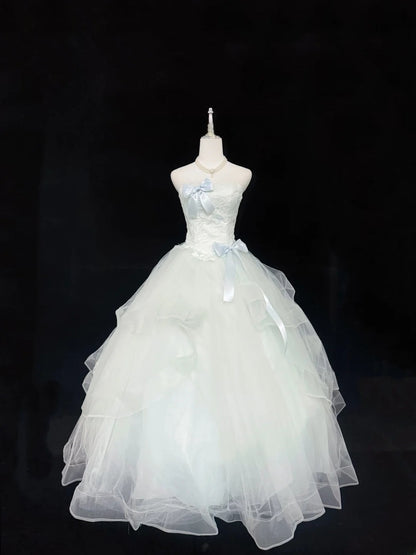 Sweet Ball Gown Strapless Mint Green Tulle With Bow Lace Quince Dress Voluminous Sweet 16 Sweet Sixteen Outfits Vestido de RB7420
