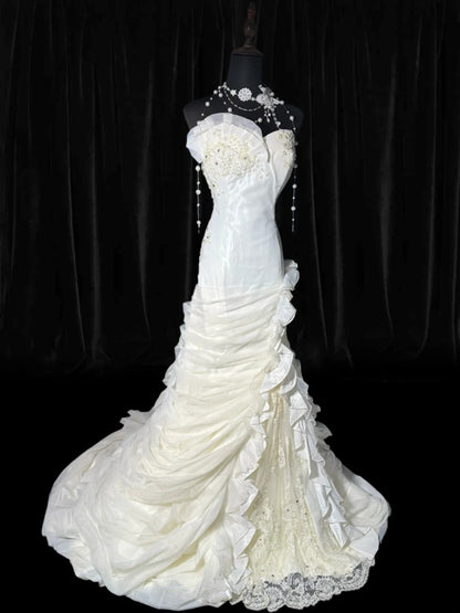 Robes de mariée longues et intemporelles, inspiration années 70, robes élégantes sirène bustier cœur, style bohème, avec corset en dentelle, robe de mariée cintrée, tailles petites et grandes (AS049)