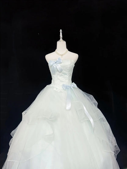 Sweet Ball Gown Strapless Mint Green Tulle With Bow Lace Quince Dress Voluminous Sweet 16 Sweet Sixteen Outfits Vestido de RB7420