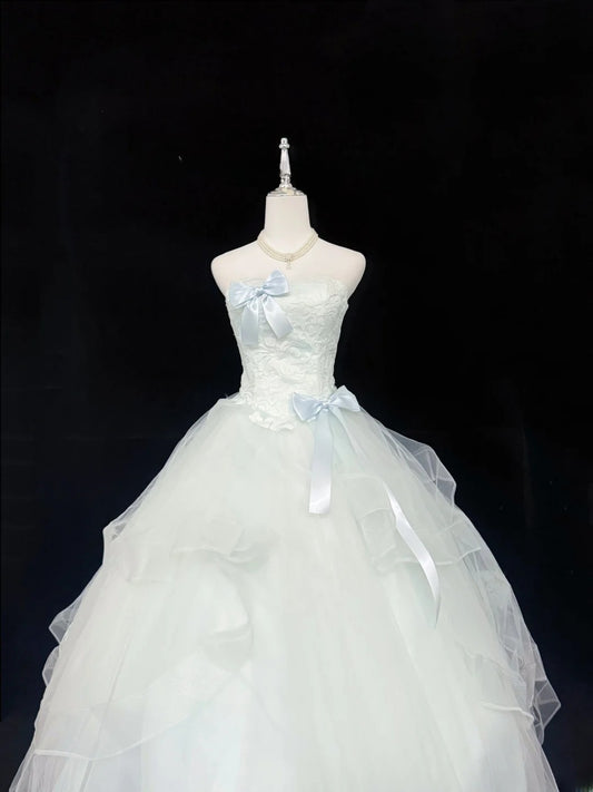 Sweet Ball Gown Strapless Mint Green Tulle With Bow Lace Quince Dress Voluminous Sweet 16 Sweet Sixteen Outfits Vestido de RB7420