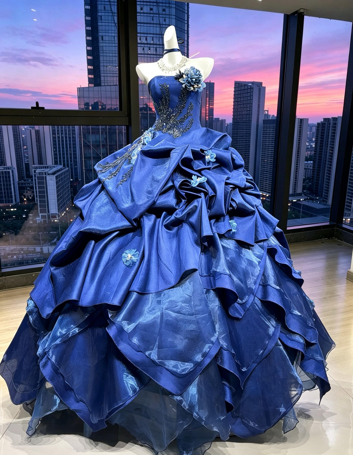 Fairy Quinceanera Dress Ball Gown Strapless Royal Blue Satin With Tiered Layers Flowers Quince Dresses RC1079
