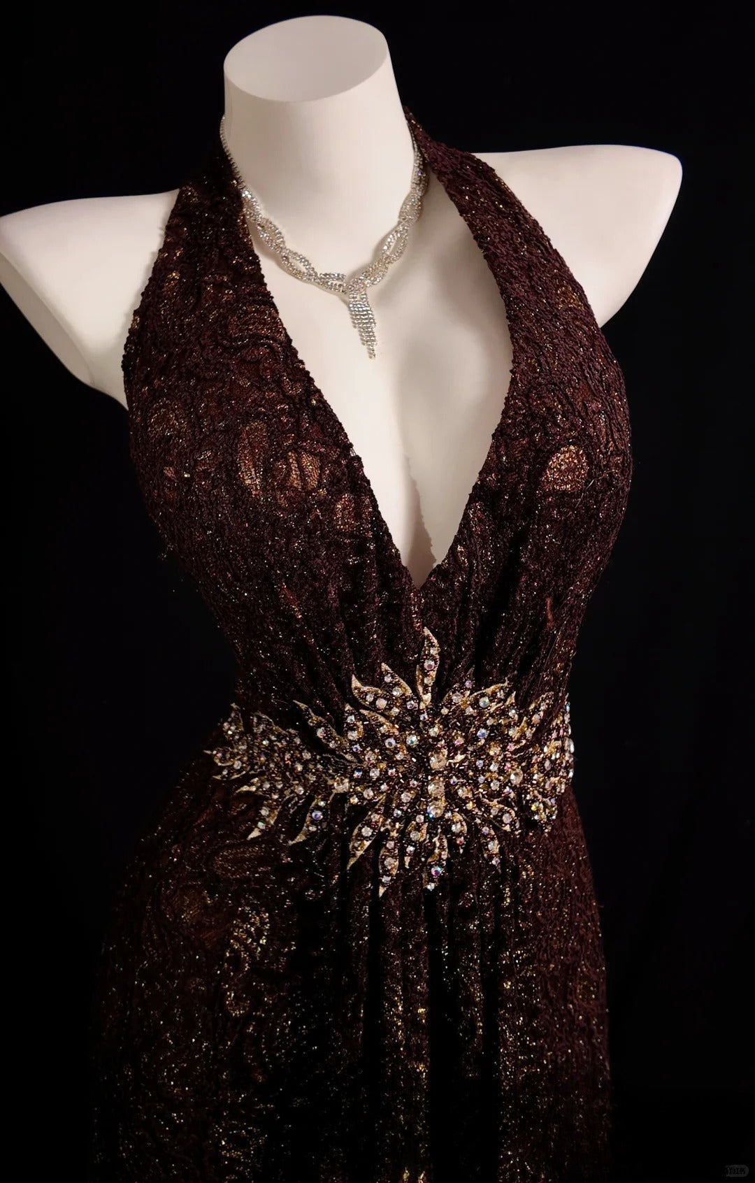 Brown Prom Dress Inspo Mermaid Halter Backless Lace Modest Long Formal Party Gown RB9851