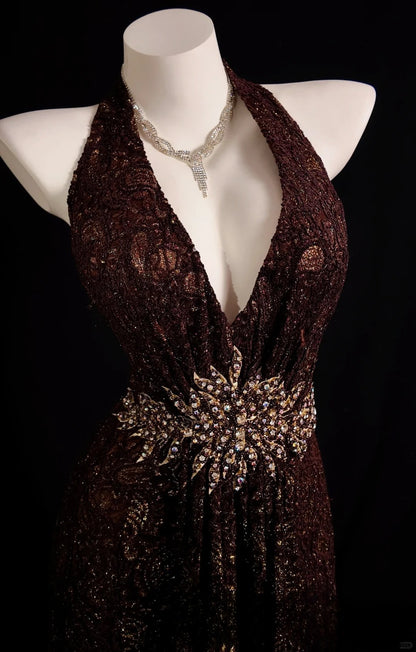 Brown Prom Dress Inspo Mermaid Halter Backless Lace Modest Long Formal Party Gown RB9851