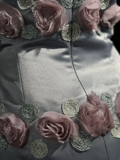 Sophisticated Prom Dresses Mermaid Strapless Gray Satin With Flowers Long Evening Formal Outfits RB5856