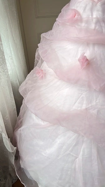 Quinceañera-Ballkleid zum 15. Geburtstag, Spaghettiträger, rosa Tüll mit Blumen, langes Kleid für den 15. Geburtstag RC0418