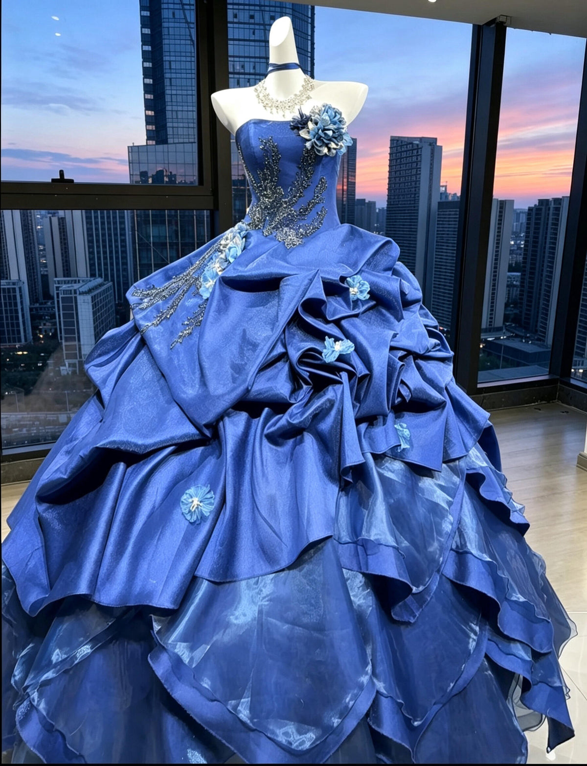 Fairy Quinceanera Dress Ball Gown Strapless Royal Blue Satin With Tiered Layers Flowers Quince Dresses RC1079
