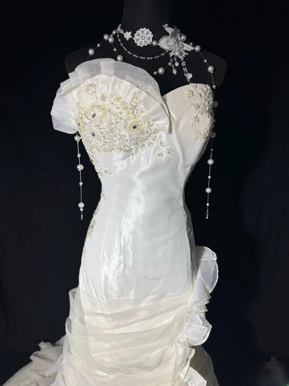 Robes de mariée longues et intemporelles, inspiration années 70, robes élégantes sirène bustier cœur, style bohème, avec corset en dentelle, robe de mariée cintrée, tailles petites et grandes (AS049)