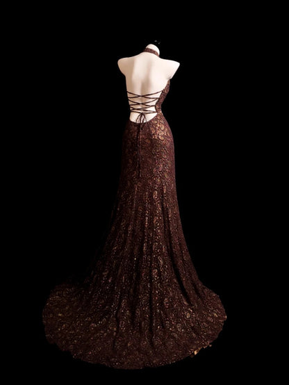 Brown Prom Dress Inspo Mermaid Halter Backless Lace Modest Long Formal Party Gown RB9851