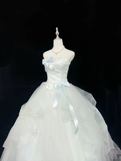 Sweet Ball Gown Strapless Mint Green Tulle With Bow Lace Quince Dress Voluminous Sweet 16 Sweet Sixteen Outfits Vestido de RB7420