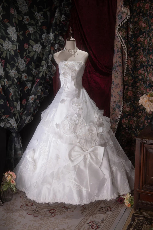 Vintage 80s Ball Gown Strapless White Satin With Flowers Long Autumn Brides Gown Bridal Dress Wedding Dresses RB8072